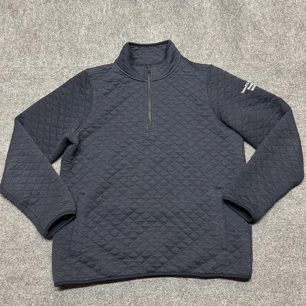 Marine Layer Sweatshirt Mens Large Blue Quilted 1/4 Zip Mock Neck Pockets Logo